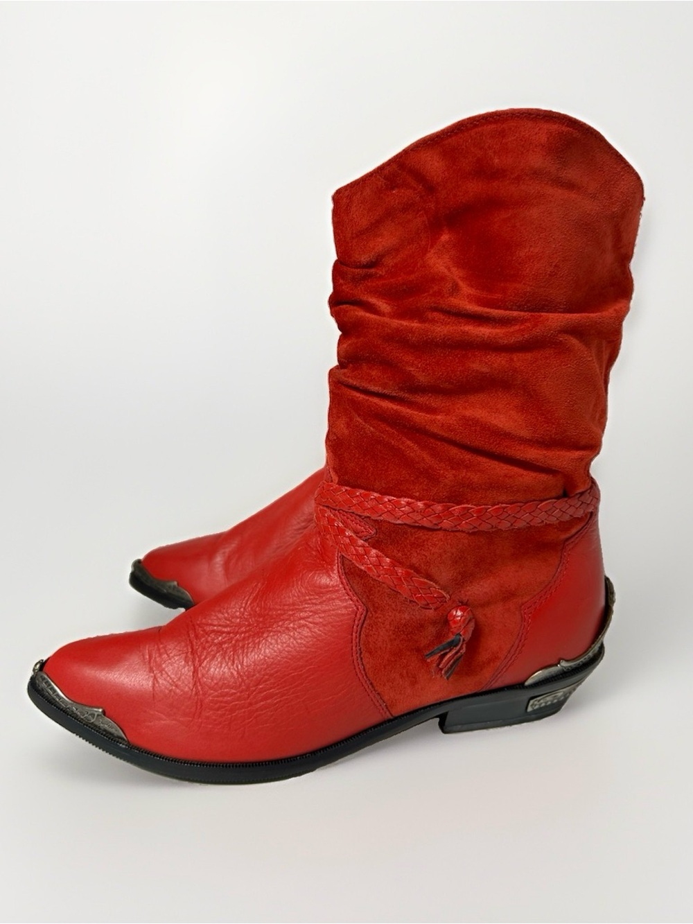 VTG 80s Zodiac Brace Red Leather Slouch Cowboy Boots New 7.5 Deadstock Americana